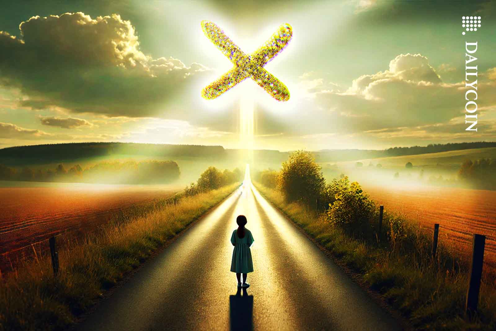 Girl on a long road staring at a golden cross on the sky.