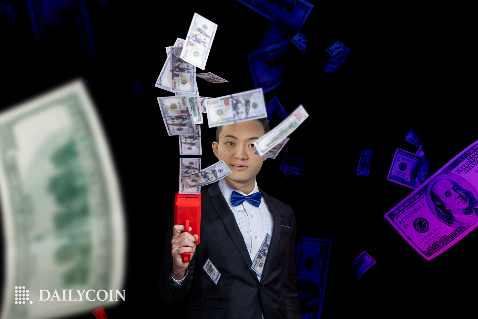 Justin Sun dressed in tuxedo with Cash flowing upwards.