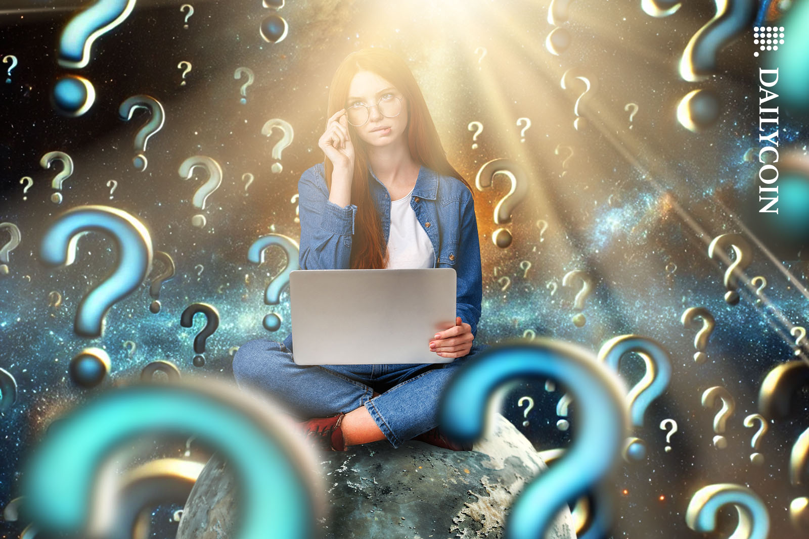 Woman sitting on a planet surrounded by many question marks, one of them is questioning if HBAR price is going to hit $0.60 amidst the HBAR ETF approval.