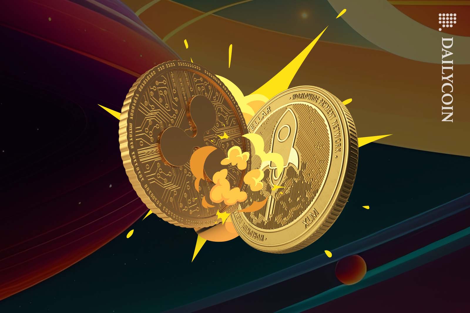 Two golden coins colliding in space.