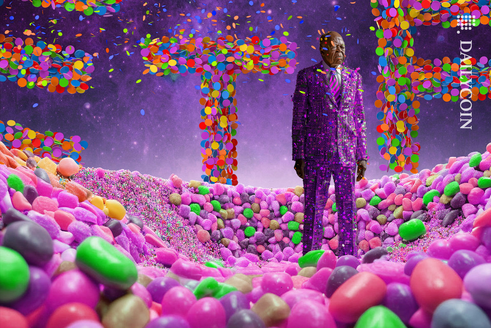 Man on ETF candy land, getting hit with celebratory confetti.