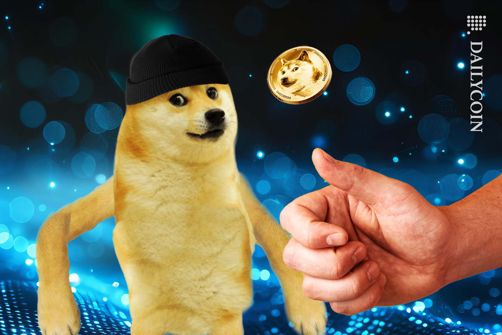 Doge watching a hand flip his coin.