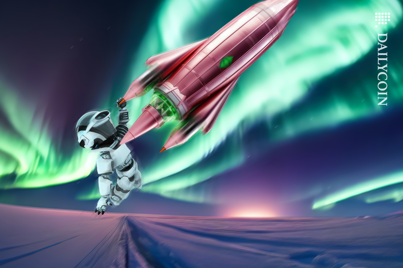 Little robot holding on to a shooting HYPE rocket into the sky.