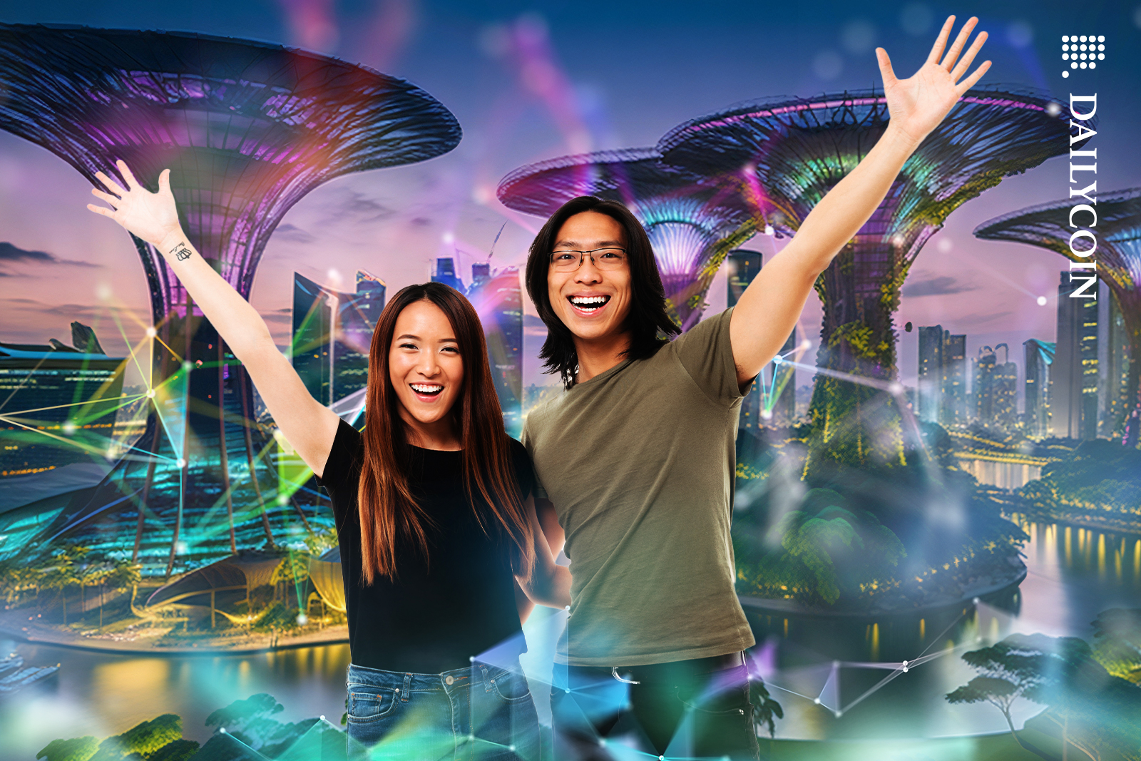 Two people are happy and welcoming you to Singapore filled with colourful DeFi and the golden Pi Network color.