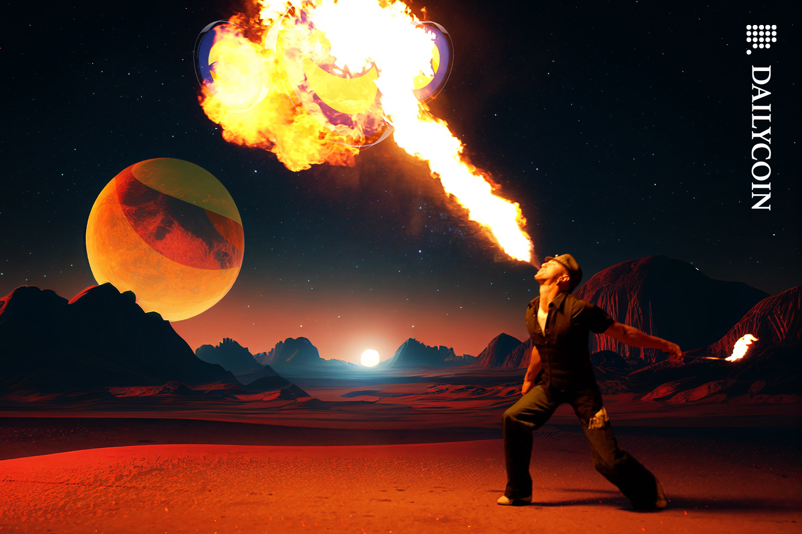 The Binance Man fire breathing on LUNC coins. In mars with a Luna Classic moon.