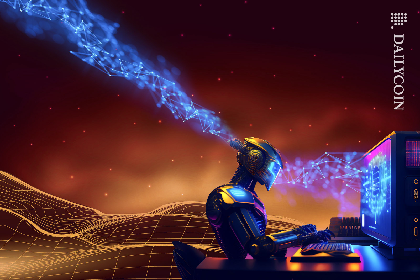 AI robot playing a computer game in a retro futuristic landscape.