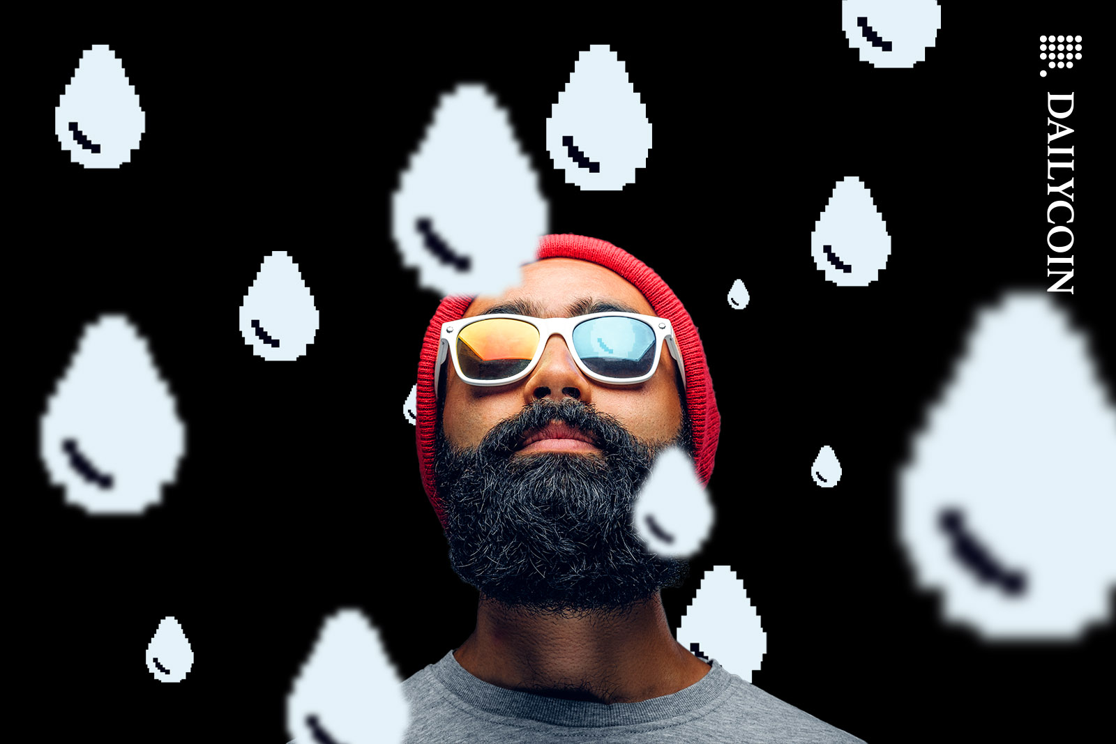 Hipster man looking up as Pixelated raindrops falling on him.