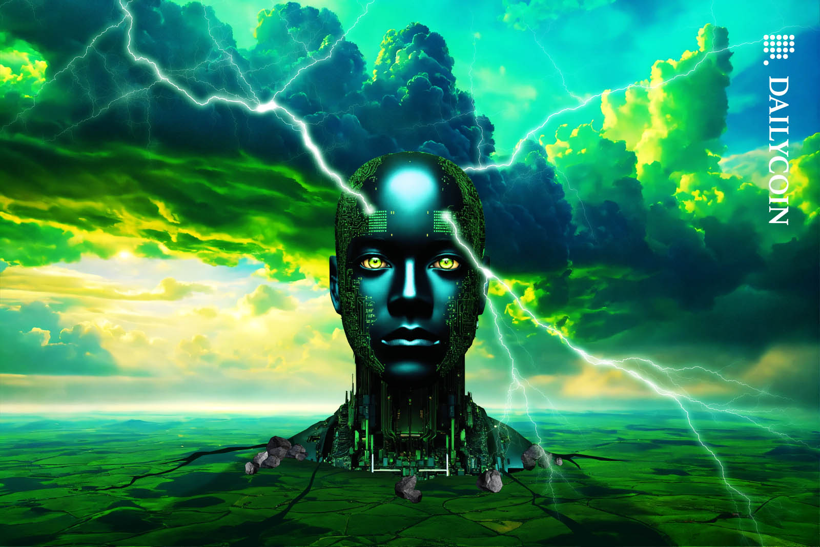 A green artificial human giant emerging from under the green countryside.