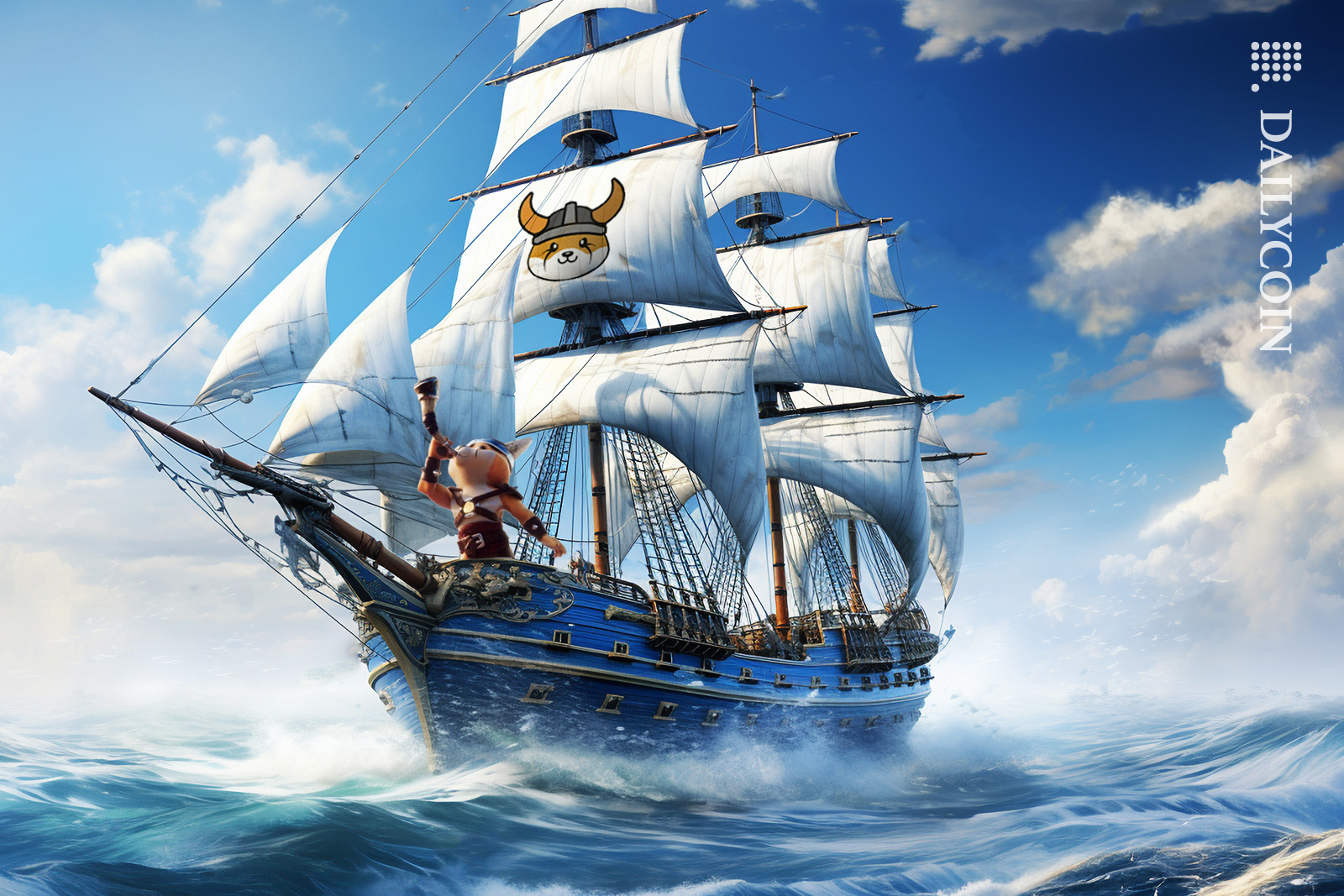 Floki on his ship calling on a horn as he arrives at a beutiful blue sky.