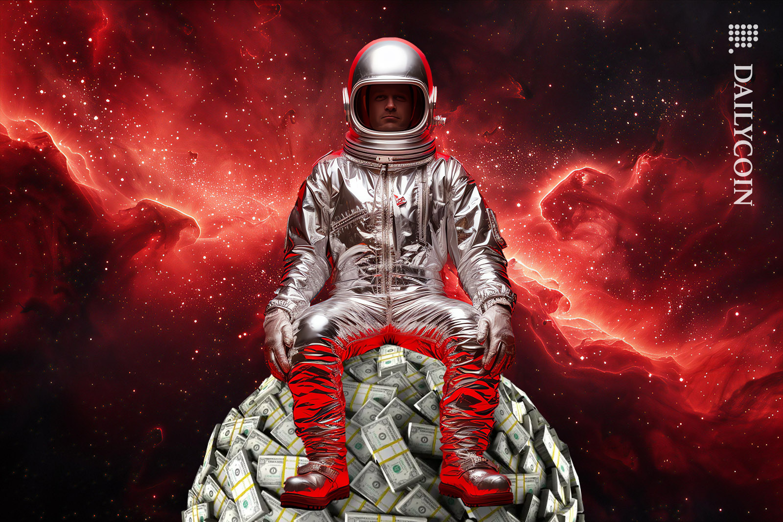 Astronaut sitting on dollars ball in red space.