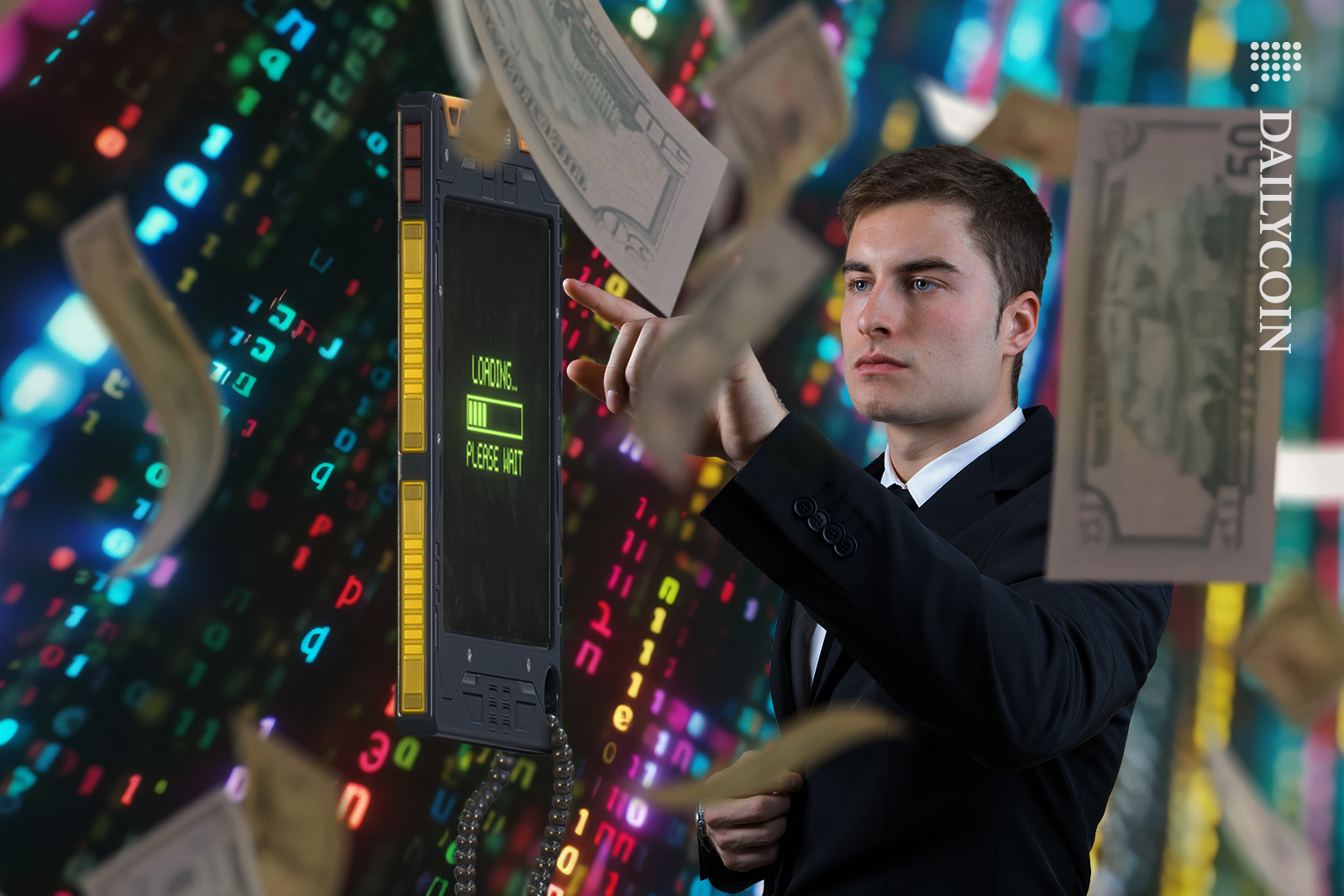 Man using a crypto bank for transaction as cash falls from the sky.