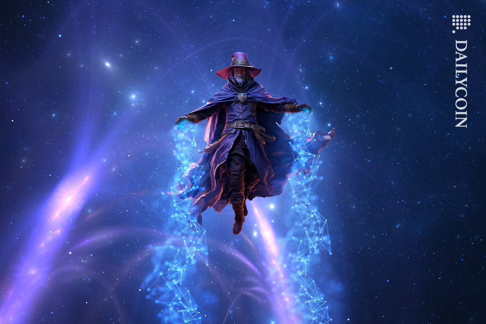 Wizard flying with defi power with space force behind him.