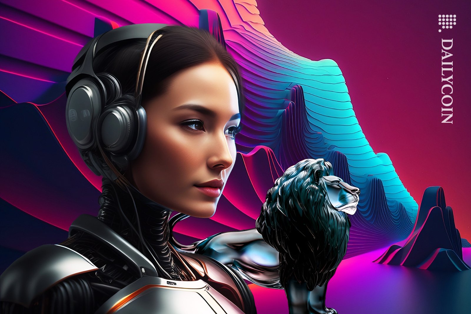 Robot lady and a lion behind her with stocks fluctuating in the background.