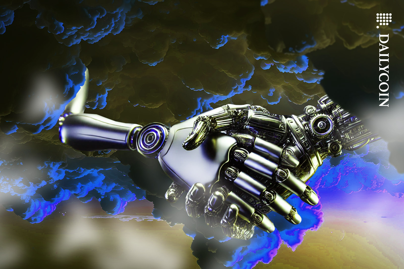 Two robots shaking hands in the clouds.
