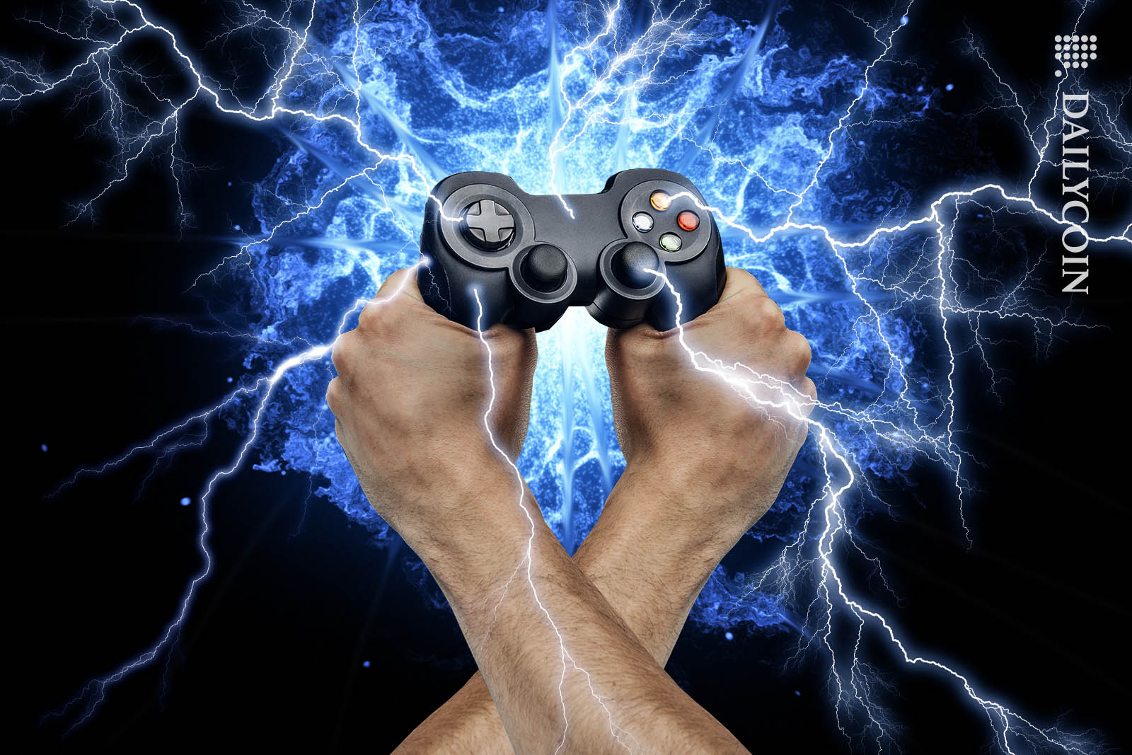 Gaming controller held by two hands emitting energy on the XRP Ledger.